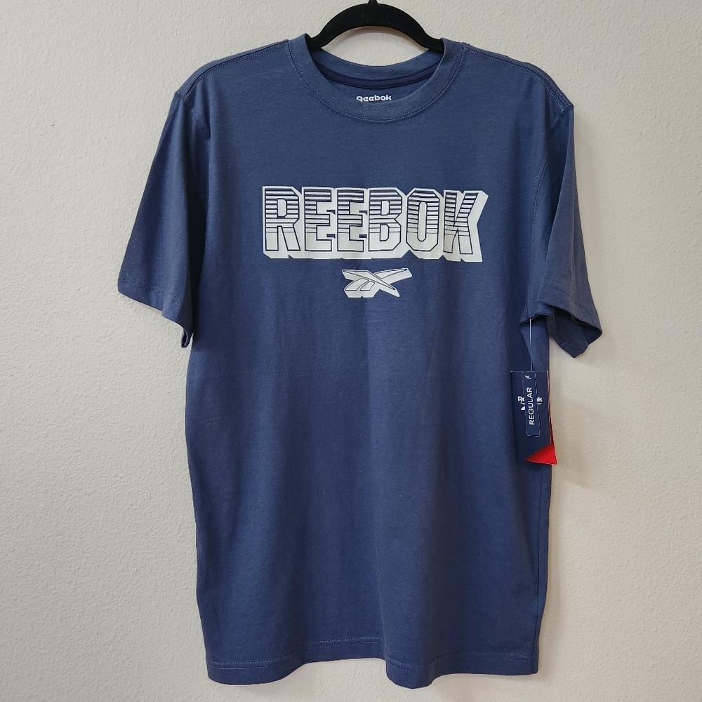 NWT Men's Reebok Fader Blocked Graphic Logo Tee in Washed Indigo Blue